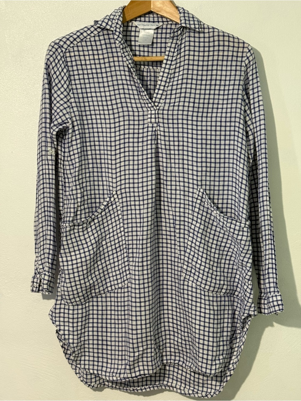 The Company Store Blue and White Checked Linen Nightshirt linen flaw